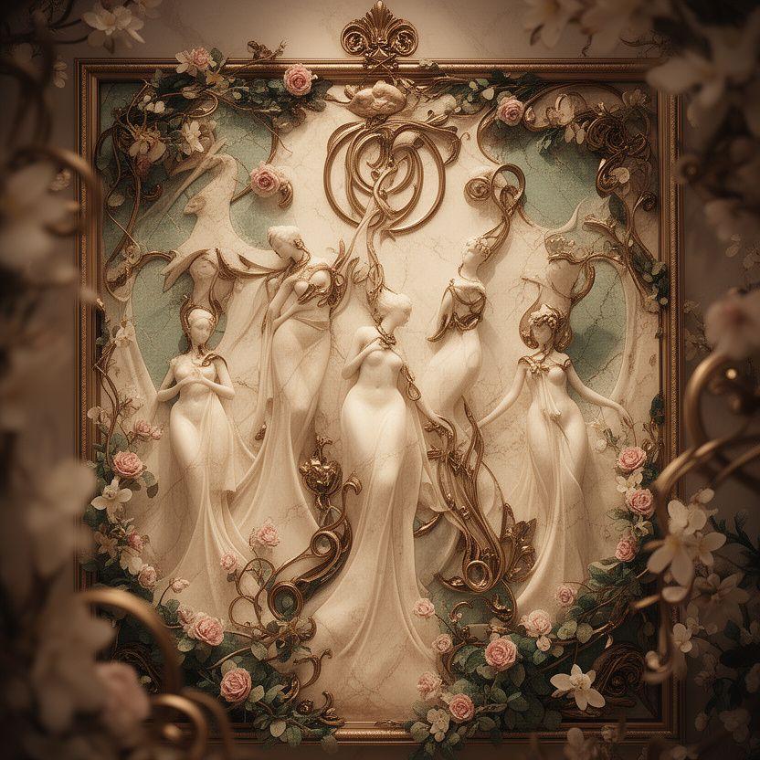 Künstlerische Darstellung mehrerer Göttinnen als luxuriöse Beauty-Illustration mit Marmor, Bronze und floralen Details
