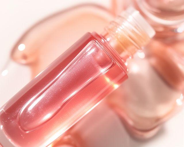 Pflegendes Lip Oil in einer stilvollen Produktaufnahme mit rosigen Glasreflexen und sanftem Studiolicht