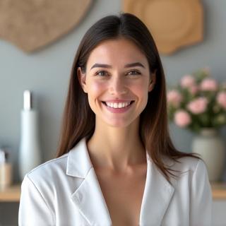 Şebnem Beumer lächelt in einem professionellen Beratungsraum mit Beauty-Produkten im Hintergrund