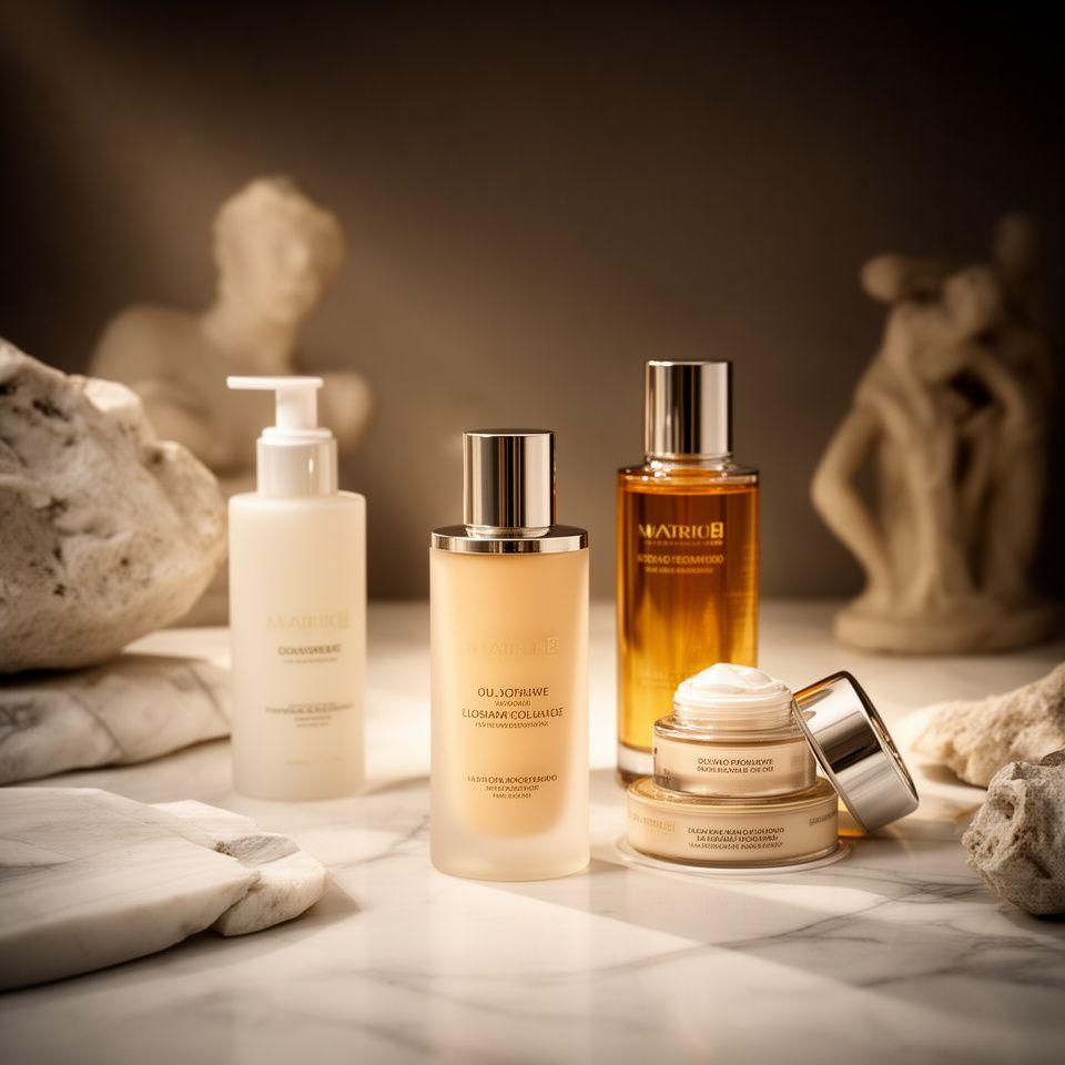 Klassisch inszeniertes Beauty-Stillleben mit Pflegeprodukten, Marmor und warmem Licht im Atelier von Elysian Bloom