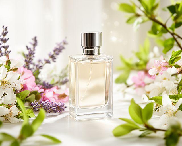 Elegante Parfümflasche mit blumigen Noten auf einem hellen Tisch neben frischen Blüten und grünen Zweigen