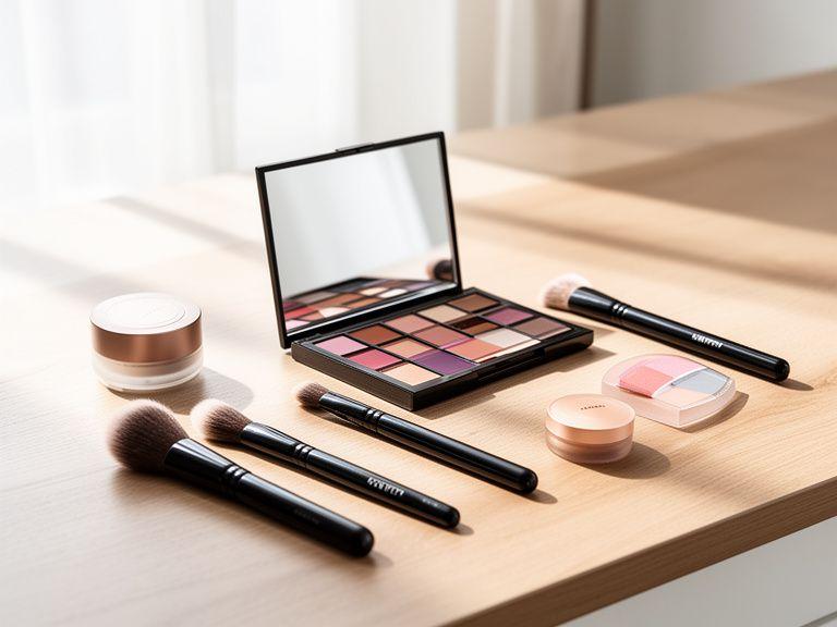 Make-up Palette mit Lippenstiften und Pinseln auf einem sauberen Schminktisch im Tageslicht