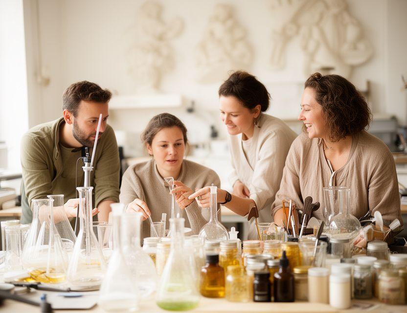 Gründerteam von Elysian Bloom in einem hellen Atelier mit Glasgefässen, Laborgeräten und klassischen Dekorelementen