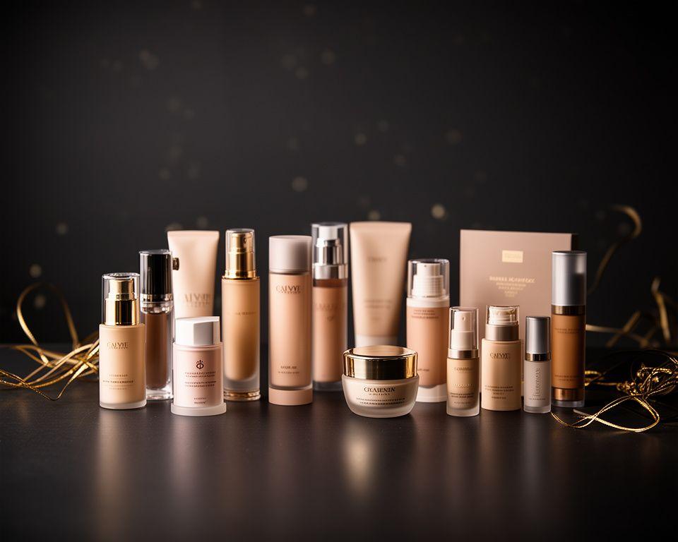 Elegante Beauty-Produktauswahl auf einem dunklen Tisch mit goldenen Akzenten und geordneten Verpackungen