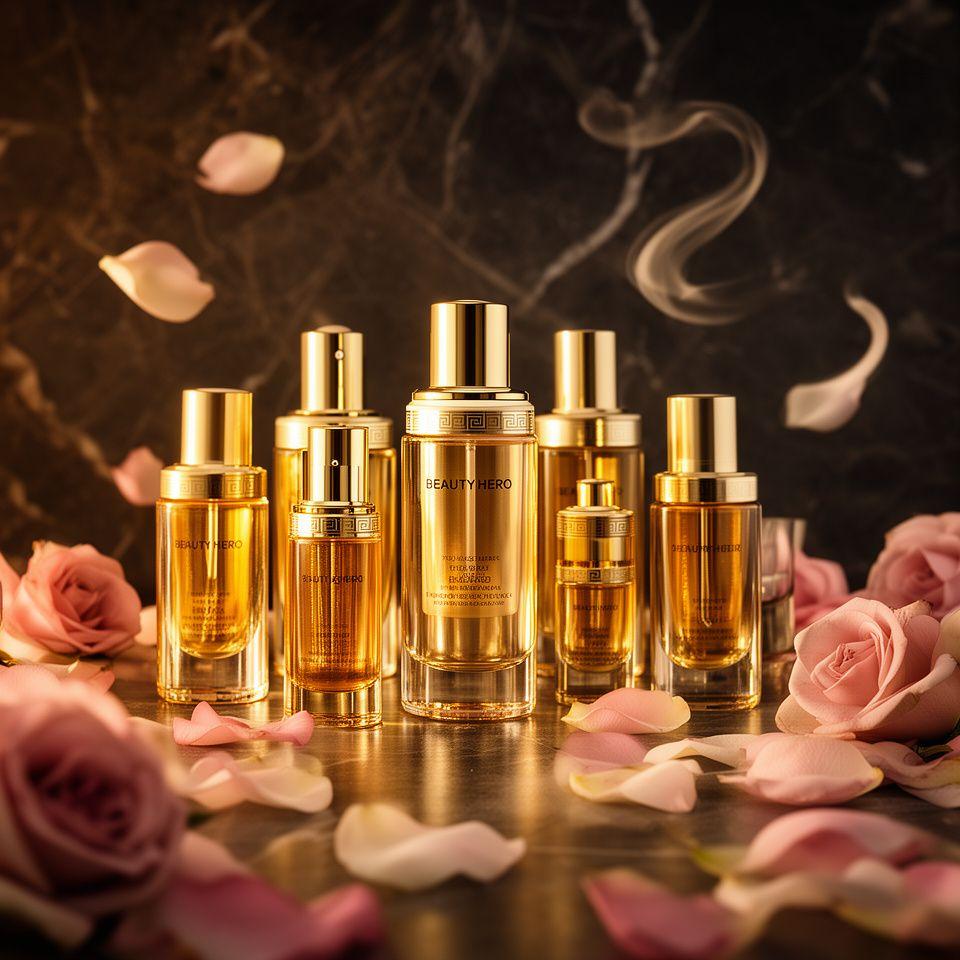 Stilvolle Beauty-Präsentation mit goldenen Flakons, Rosenblättern und griechisch inspirierter Marmorfläche in warmem Licht